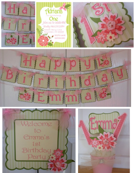 Coral Floral Girls 1st Birthday Party Package-NEW ITEM- Coral, Pinks and Greens Il_570xn