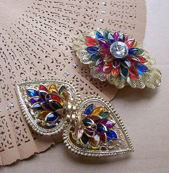 Vintage hair barrettes 2 Hollywood Regency rhinestone hair