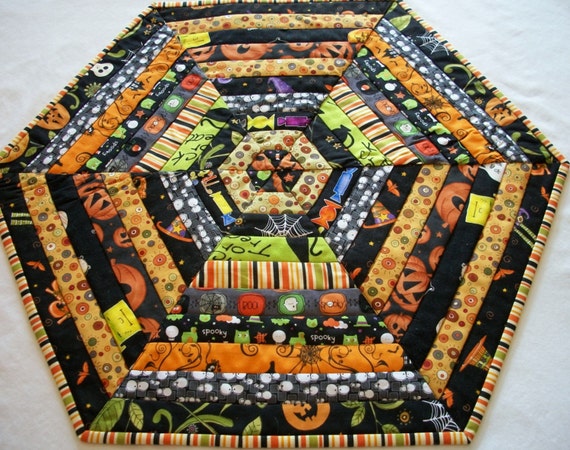 Halloween Hexagonal Table Topper Quilted Scrappy Bright Assortment Handmade