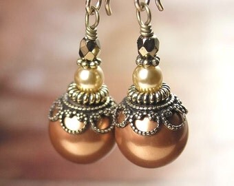 Copper Pearl Earrings Swarovski Crystal Pearl Earrings Antique Gold Earrings Terra Cotta Brown Earrings