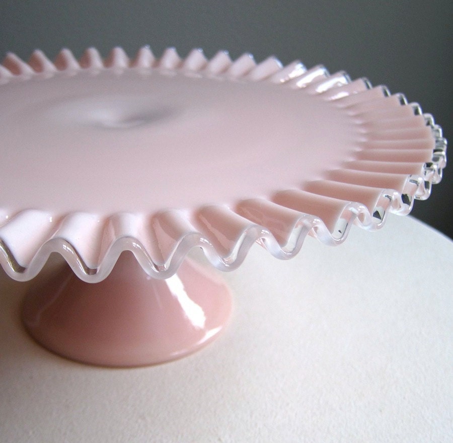 Fenton Silver Crest Pink Milk Glass Cake Stand 1950s Rose