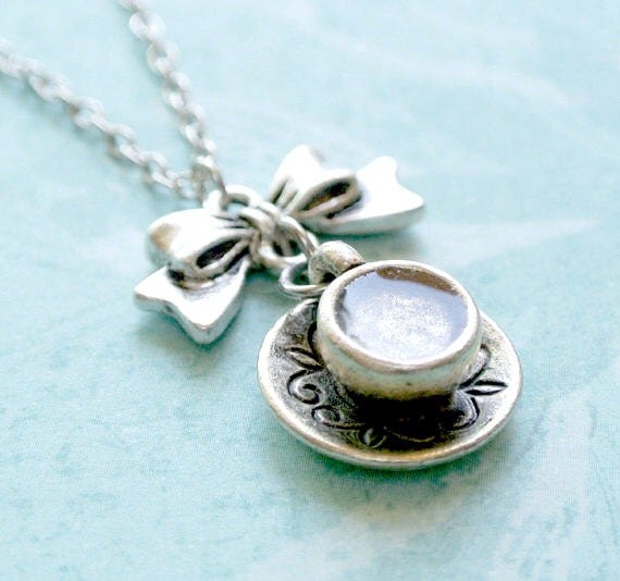 Coffee cup necklaceSilver teacup jewelry with butterfly knot