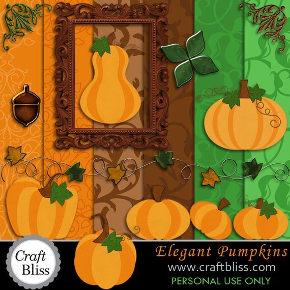 Sale Pumpkin Clip Art Digital Clipart Paper Pack Thanksgiving Cards Placecards Autumn- Elegant Pumpkins Digital Scrapbook Kit Craft Supplies Il_570xn