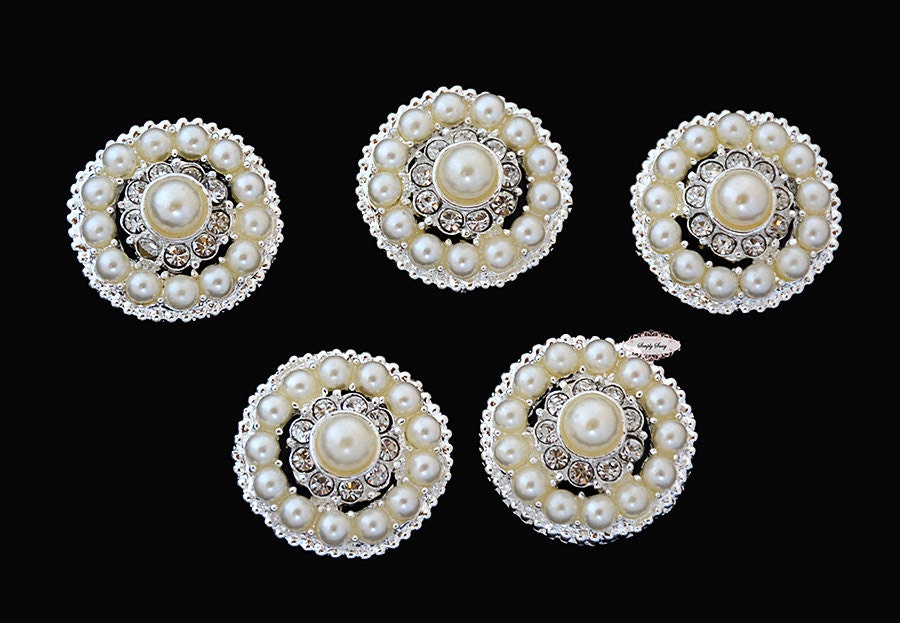 5 Rhinestone Pearl Flat back Buttons Pearl Embellishments