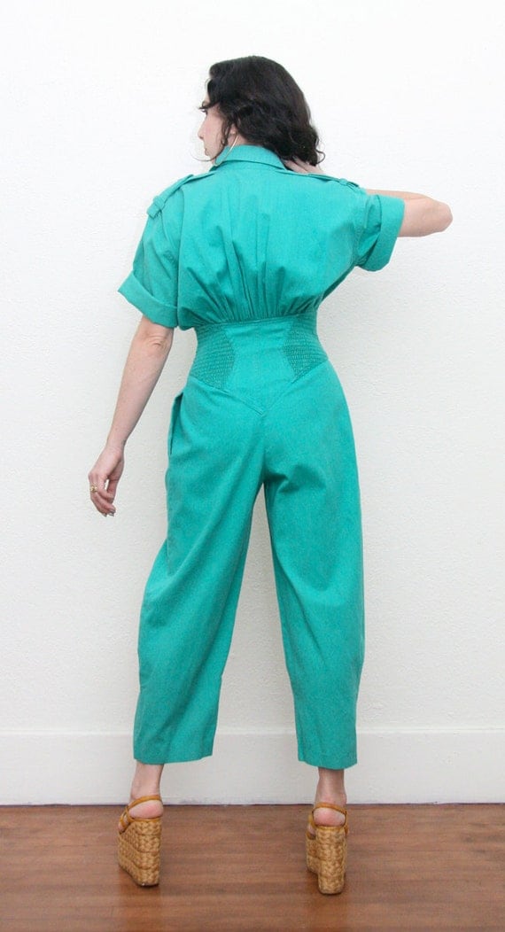 Vintage 80s Green Pleated Harem Jumpsuit Corset Small Disco