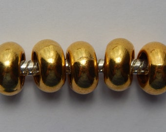 50 Pieces of Large Hole Metal Beads - 10mm Round, Bright Gold Color, European Style, 5mm Hole Size, Rondelle Shape, Spacer, Large Beads