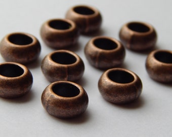 50 Pieces of Large Hole Metal Beads - 10mm Round, Antique Copper Color, European Style, 5mm Hole Size, Rondelle Shape, Spacer, Large Beads