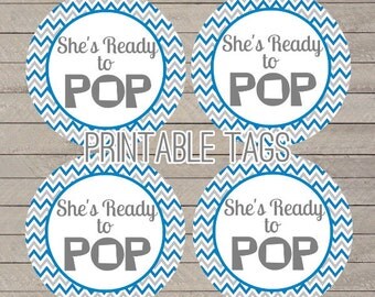 printable chevron she's ready to pop baby shower tags--blue and gray ...