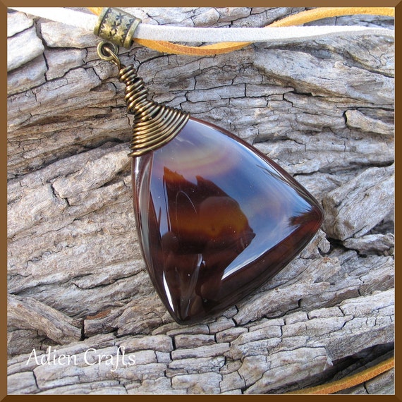 Brown Wire Wrapped Pendant  Large Agate Necklace by adiencrafts