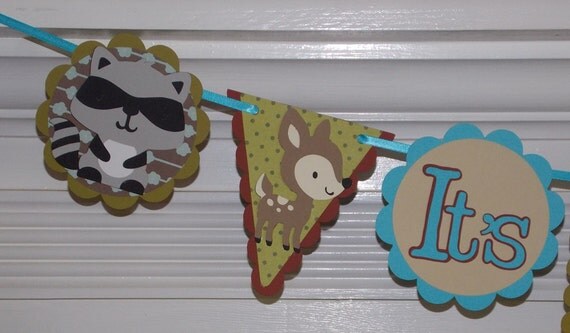 Forest Banner READY To SHiP It's A Boy Raccoon squirrel bunny deer fox hedgehog blue brown moss green Il_570xn