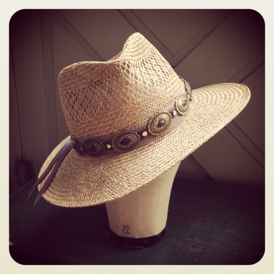 SALE Concho Leather Hat Band Brown leather with brass conchos