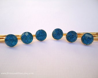 Cabochon hair clips - Mini shimmery cobalt blue glitter faceted resin gem jewel shiny sparkly gold decorative hair accessories TREASURY ITEM