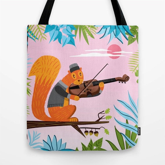Red Squirrel Serenade - Tote Bag / Book Bag - 16" x 16"