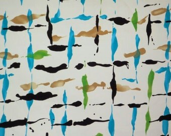 Turquoise and Green on White Abstract Plaid Print Stretch Cotton Sateen Fabric--One Yard