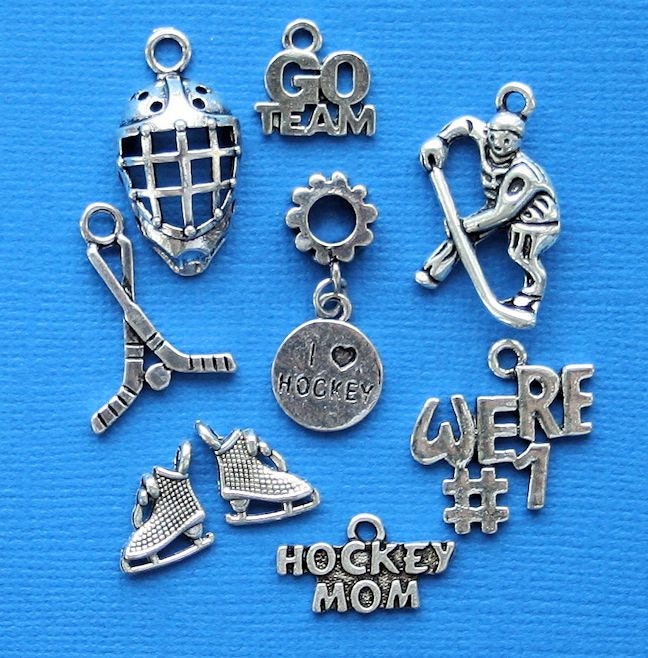 Hockey Charm Collection Antique Silver Tone 9 Charms COL69