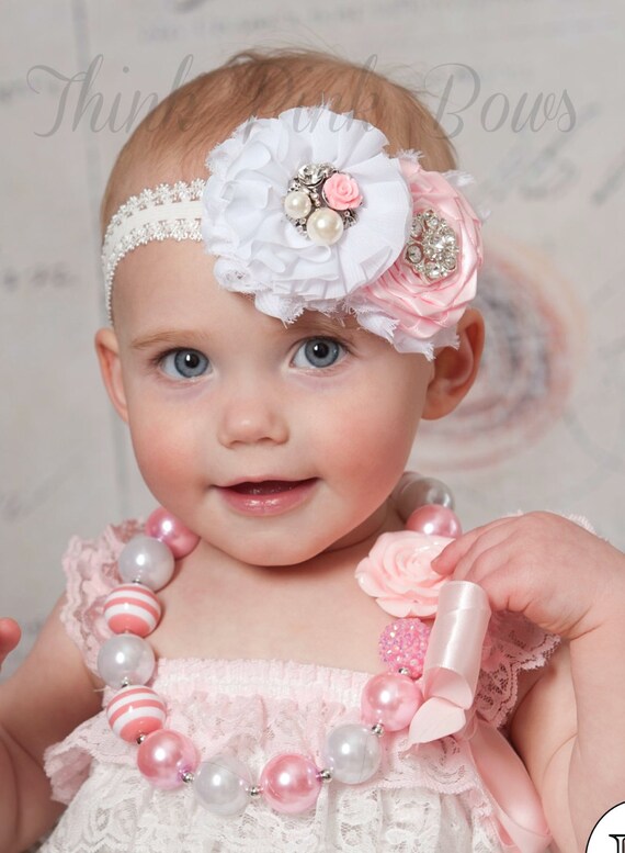 Baby Headband, baby headbands, Newborn headband,infant headband,pink white baby headband,baby girl headband, Little Girls chunky necklace. by ThinkPinkBows