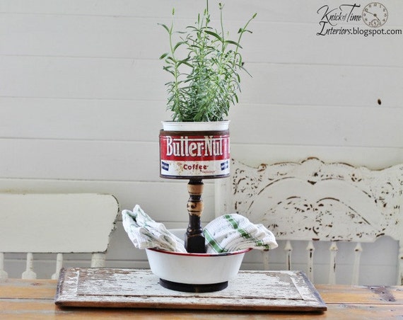 Tiered Metal Stand - Created from Antique Coffee Tin, Enamelware Bowl and a Vintage Wooden Spindle - Repurposed and Upcycled