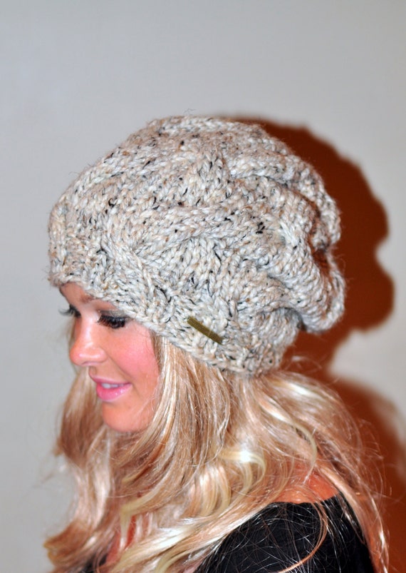 Slouchy Hat Slouch Beanie Cable Hat Hand Knit Winter Women Hat