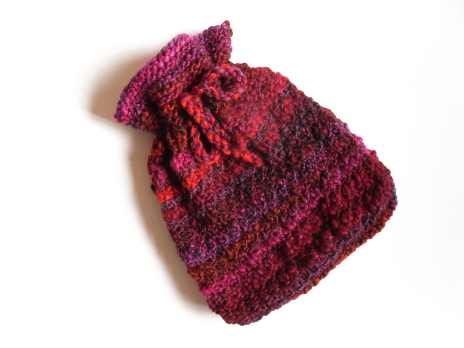 Wool hot water bottle cover hand knit cosy chunky maroon