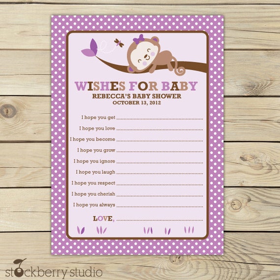 Purple Monkey Girl Baby Shower for Baby Advice Printable Card Il_570xn