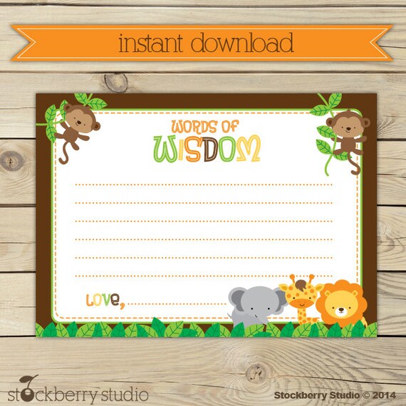 Safari Animals Baby Shower Words of Wisdom Printable - Instant Download - Advice For Mommy To Be - Jungle Theme - Well Wishes For Baby Il_570xn