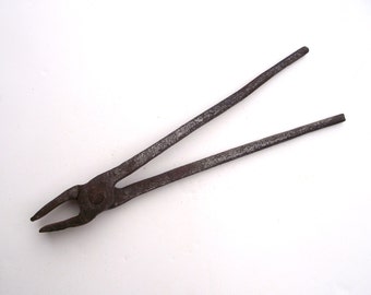 Antique Blacksmith Tongs , Hand Forged Iron Tongs , Primitive Duck Bill Tongs , Blacksmithing Tool , Industrial Decor