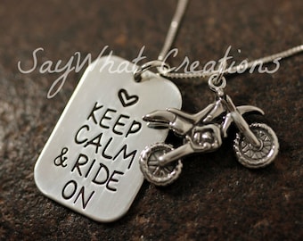 Keep Calm and Ride On Sterling Silver Dirtbike Necklace with Dirt Bike Motocross Charm