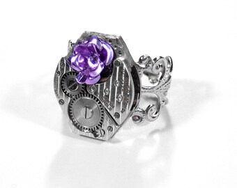 Steampunk Jewelry Ring Vintage PINSTRIPE Watch Movement Lilac Rose Flower Women Anniversary Girlfriend Gift - Jewelry by Steampunk Boutique