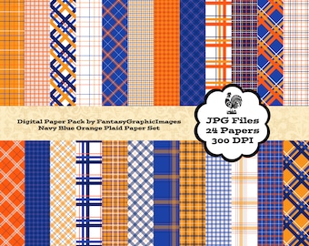Plaid Digital Paper Tartan Check Navy Blue Orange The Plaid Series 24 Papers Photography Background Printable Scrapbooking Instant Download