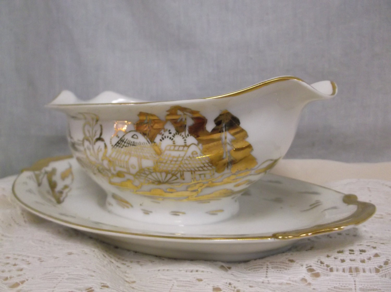 Vintage Asian, Oriental China Gravy Boat, Attached Saucer, Scenic Gold