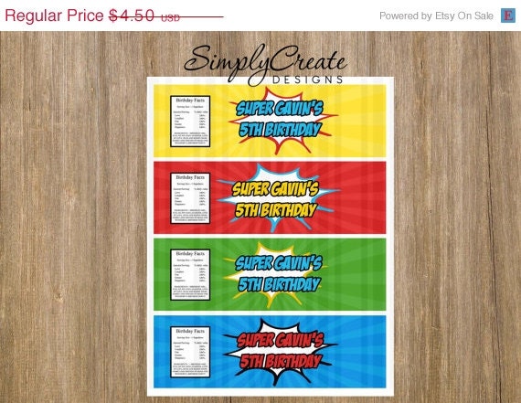 Superhero Water Bottle Label 8.5x11 JPEG sheet Personalized Il_570xn