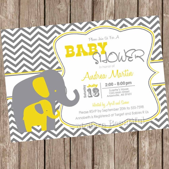 Yellow and Gray Elephant baby shower invitation yellow grey