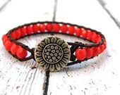 Boho Sunflower Red Rustic Leather Wrap Bracelet Silver Designer Button/ Summer Flowers/ Boho Southwestern Chic/ Earth Day
