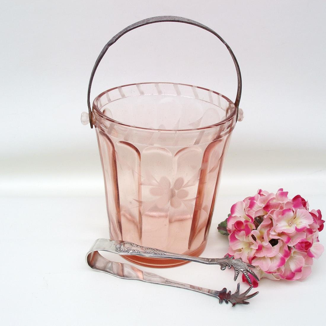 Vintage Pink Depression Glass Ice Bucket Silver Ice Tongs