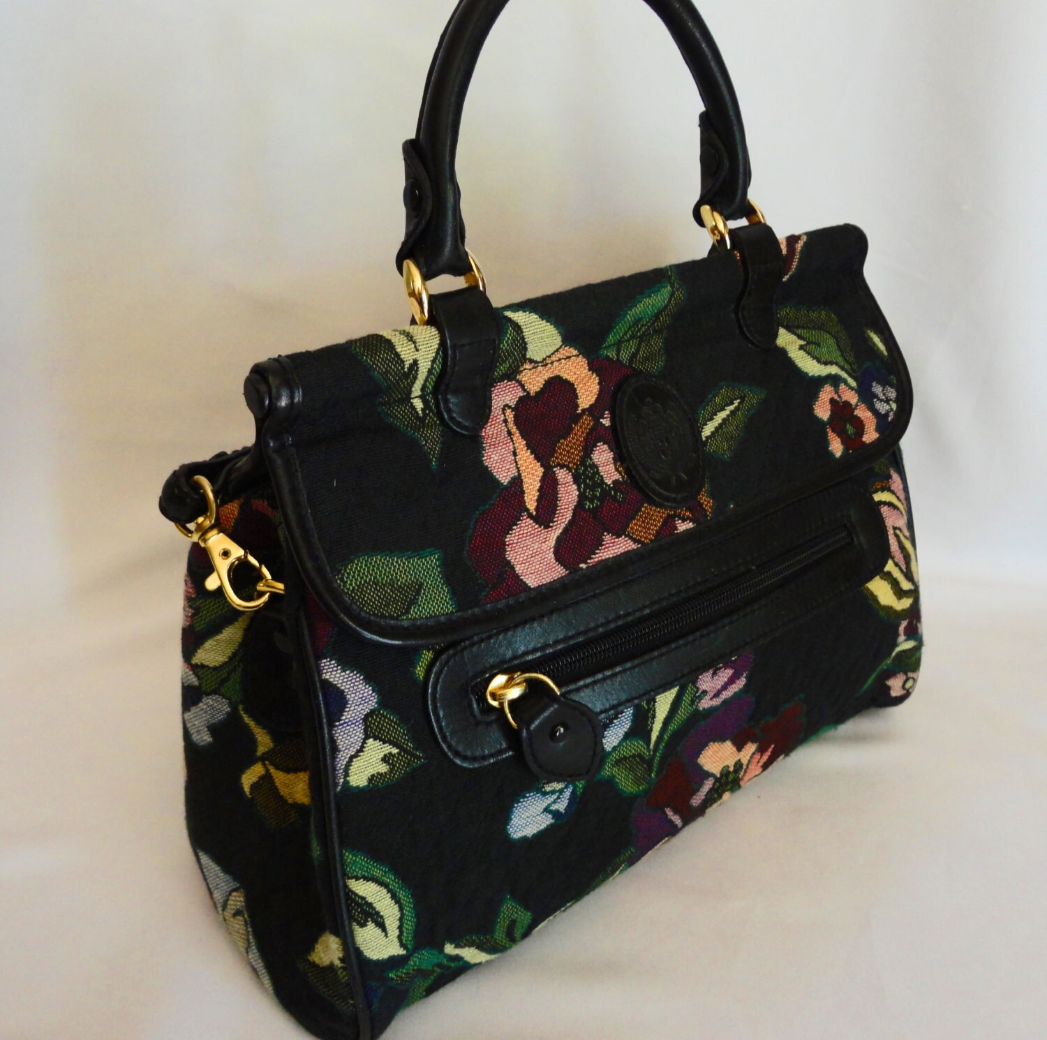Liz Claiborne Floral Tapestry and Leather Cross-body Handbag