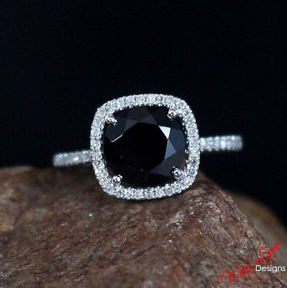 Engagement ring Black Spinel & Diamond Cushion halo 2ct 8mm 14k 18k ...