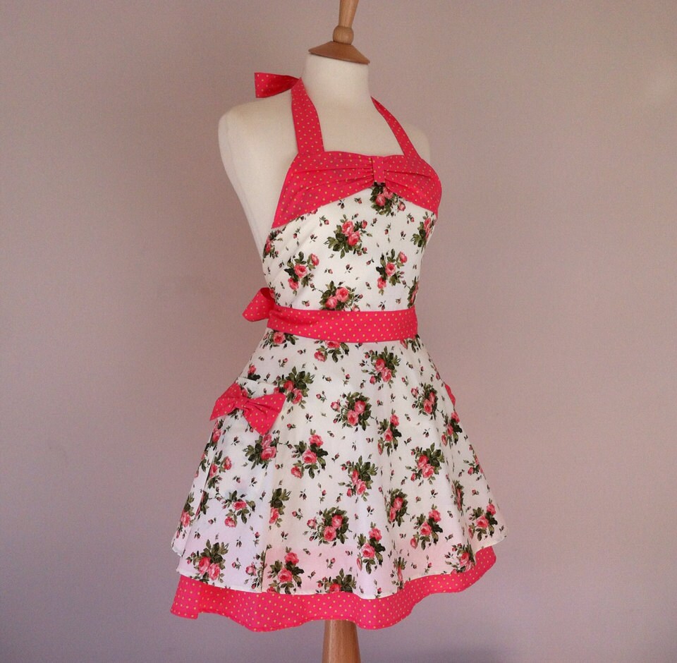 Retro apron with bow circle skirt orange pink floral pattern