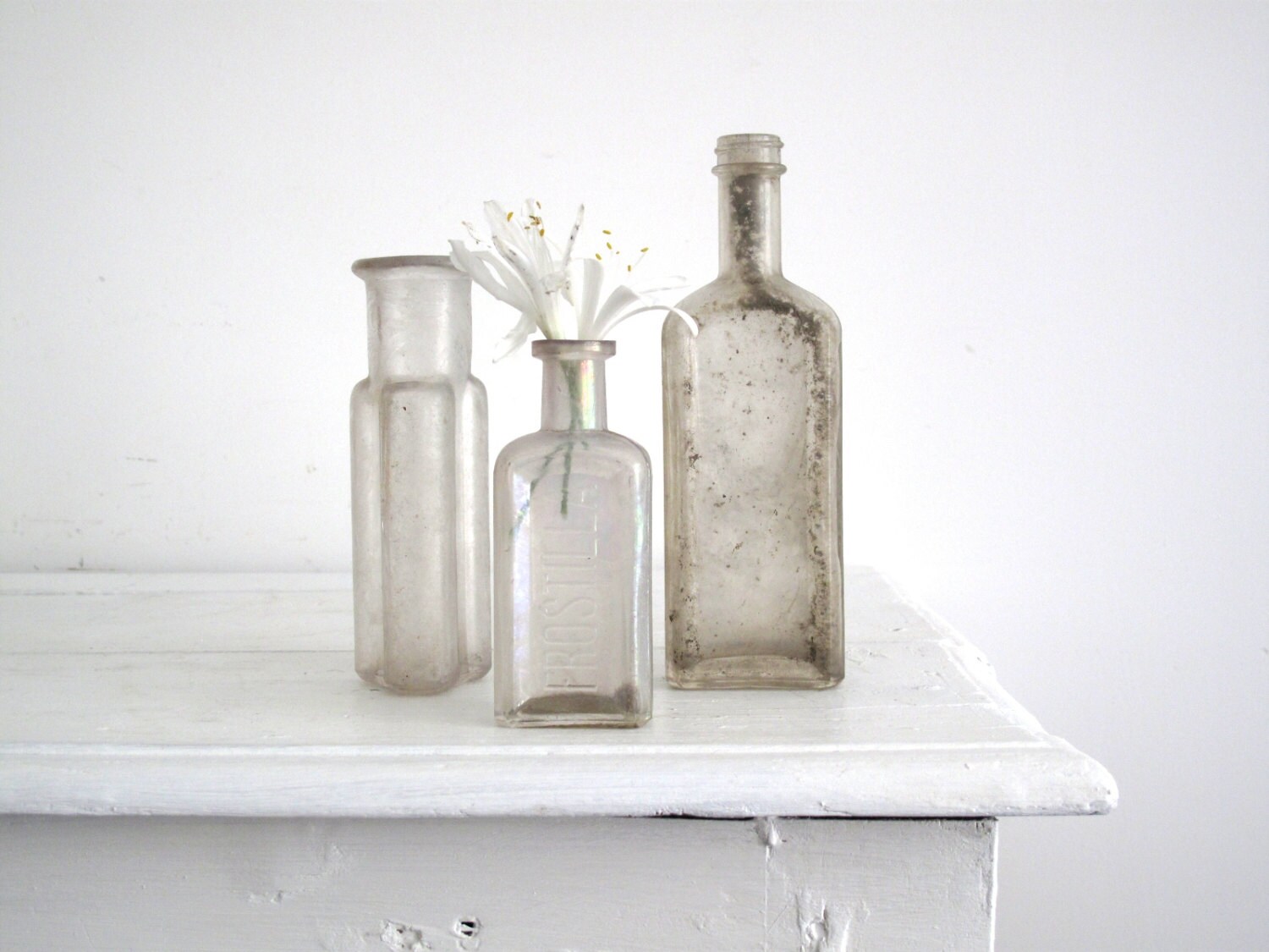 Antique Glass Bottle Collection Three Small by SnapshotVintage