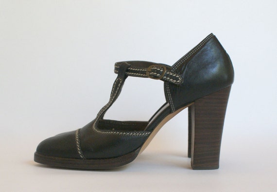 High Heel Shoes - Vintage Womenâ€™s SZ 7 - Black Leather Stacked heel ...