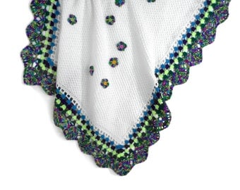 Knitted Baby Blanket - White with Green