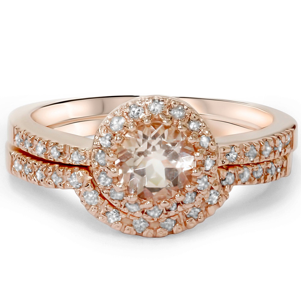 Morganite And Diamond Halo Engagement Wedding Ring Band Set