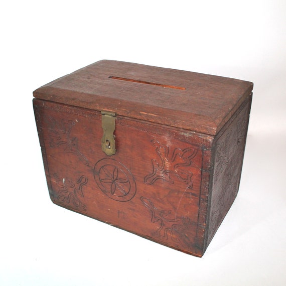 Vintage Wooden Card or Letter Lock Box