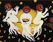 Folk Art Halloween Card -Three Ghosts Flying Through the Night Sky Tossing Candy Corn - Custom Greeting Card -Choose Your Own Inside Message