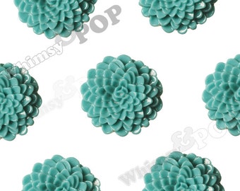 Large Teal Green Dahlia Cabochons, Large Chrysanthemums, Zinnia Cabochons, Flower Cabochons, Flower Cabs, 24mm (R7-041)