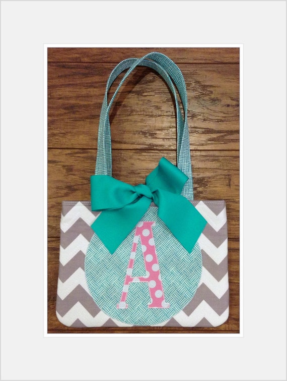 Personalized Girls Tote Bag Flower Girl Gift Aqua Pink Gray