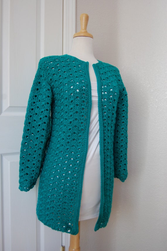 Woman's Crochet Sweater Coat Cardigan Cool Green Size