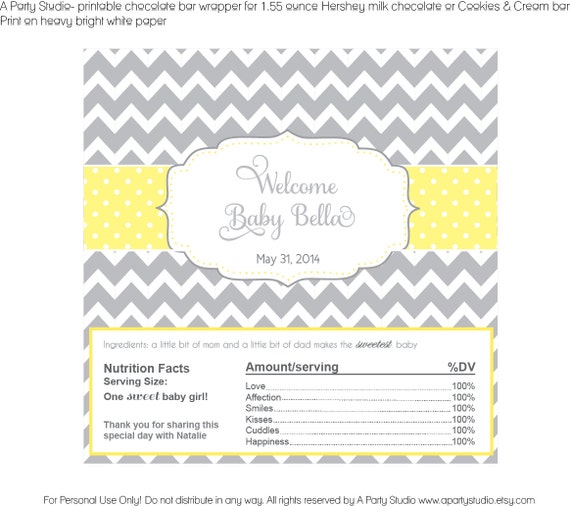 Gender Neutral Baby Shower- chevron yellow and grey personalized chocolate bar wrapper for favors or candy buffet- print your own Il_570xn