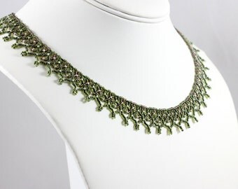 Beadwork Necklace - Seed Bead Jewelry - Beaded Necklace - Green Choker - Netted Jewelry - Netting Necklace - Green Necklace