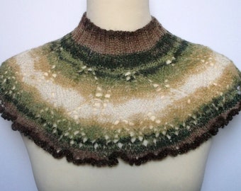 Women's hand knitted sparkly neckwarmer. Green and brown. Fits all.