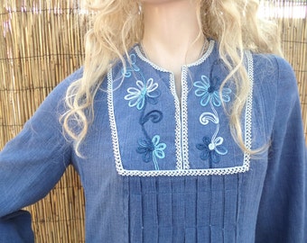 Embroidered Blue Maxi Dress Vintage 70's Hippie BOHO Sz Small --Medium
